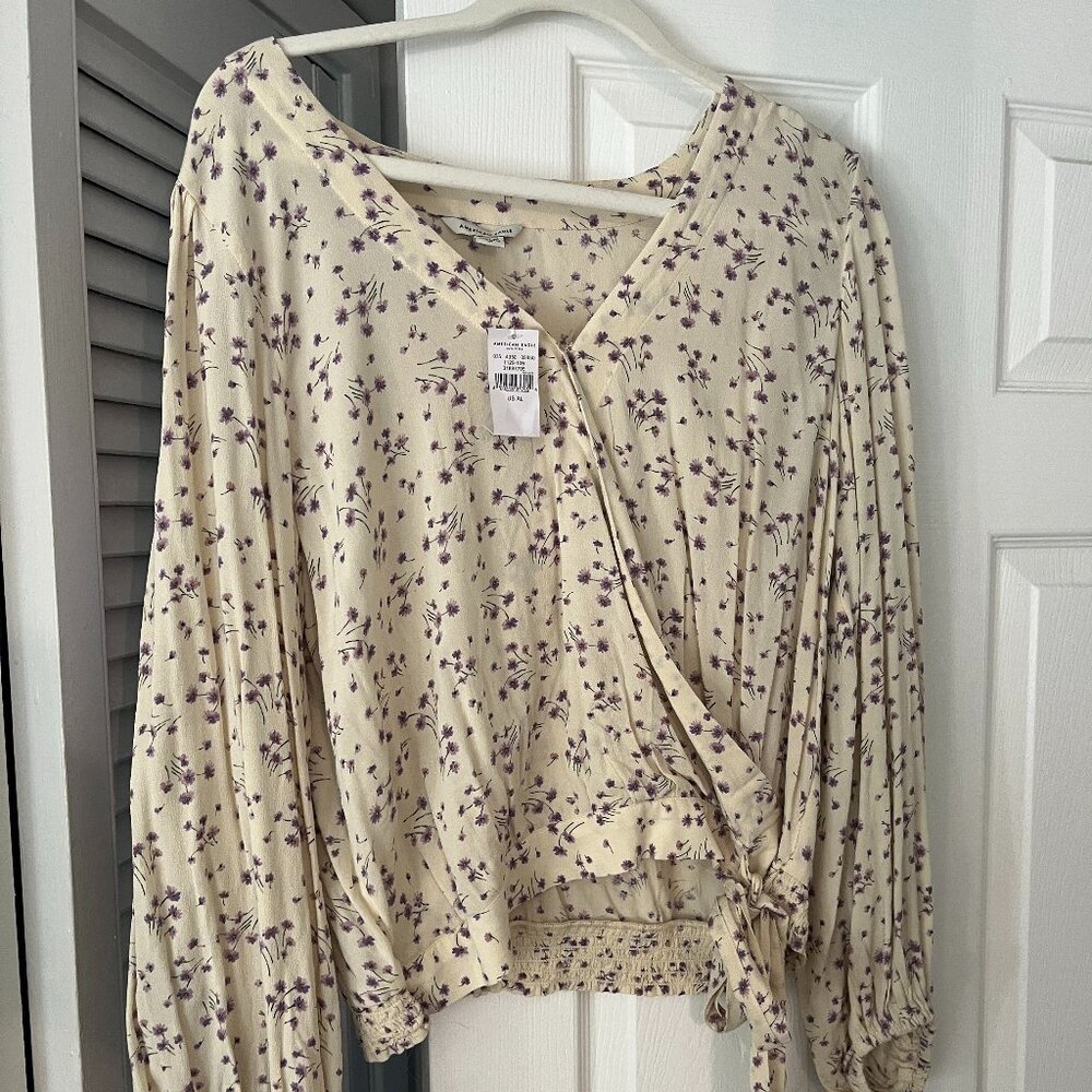 American Eagle White Blouse w/ Purple Flowers